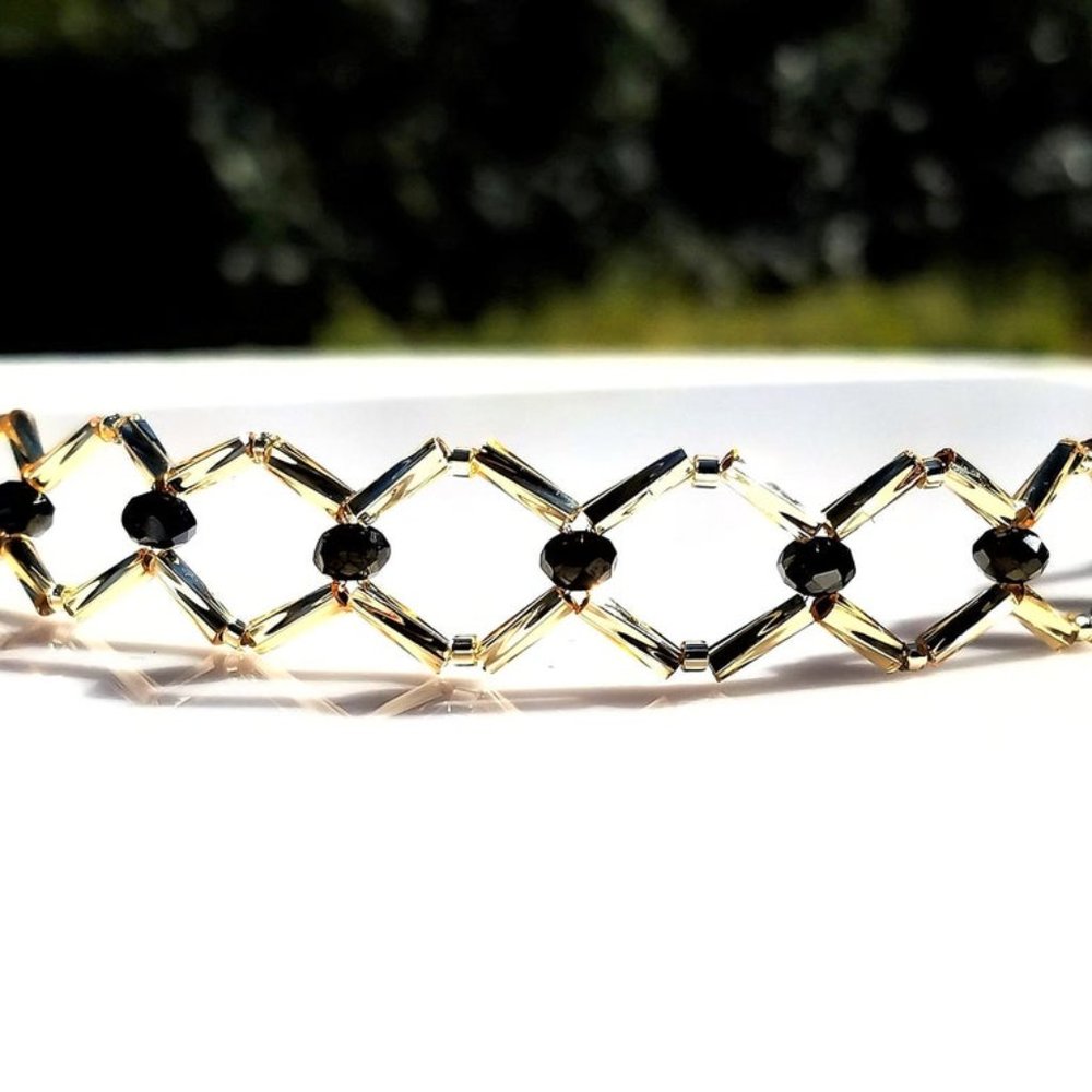 Gold Beaded Choker/ Unique Handmade Diamond Pattern Choker with Black Crystals